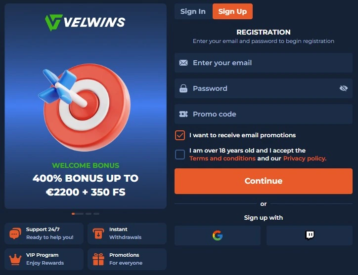 Velwins casino registration